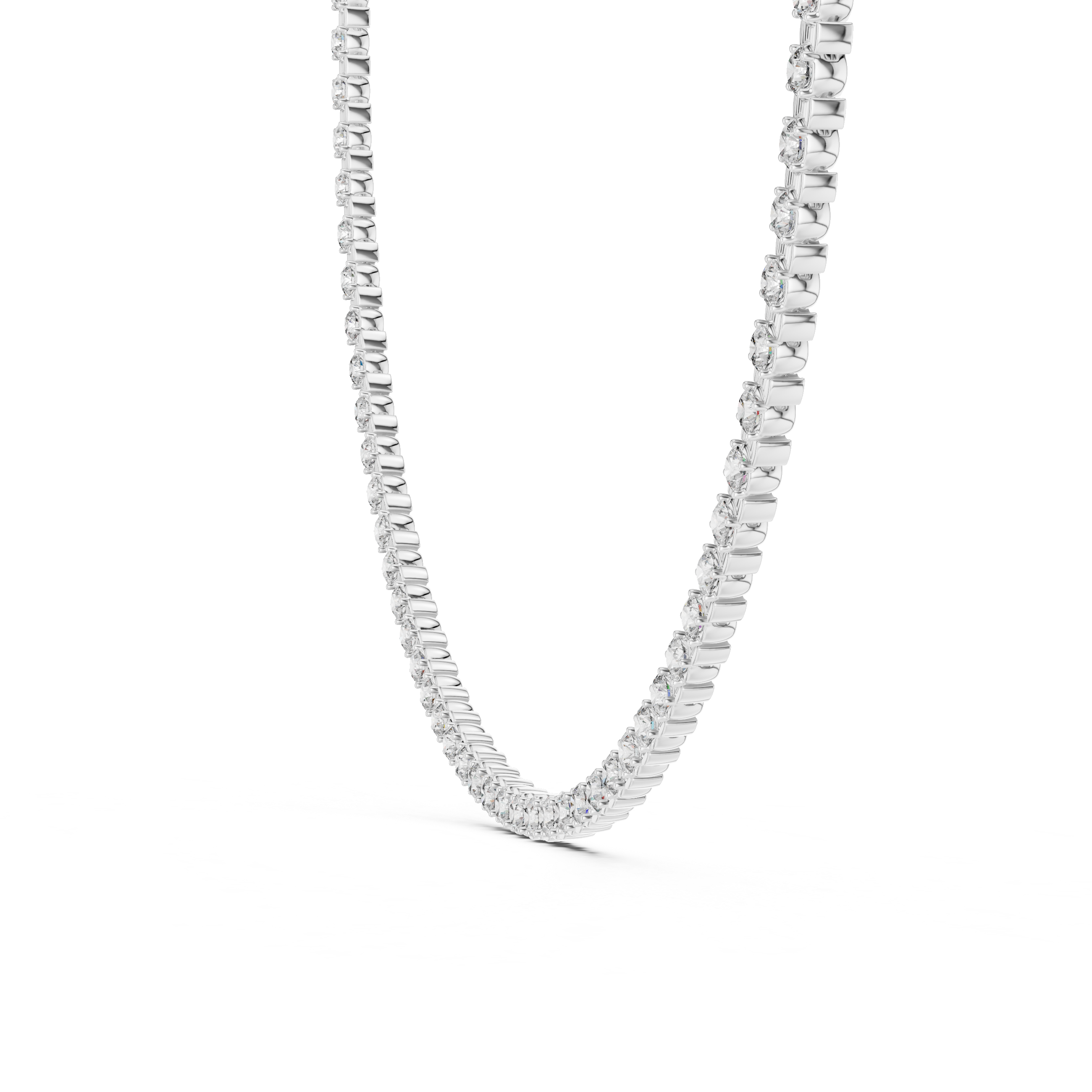 Silver necklace with rectangular links on a white background