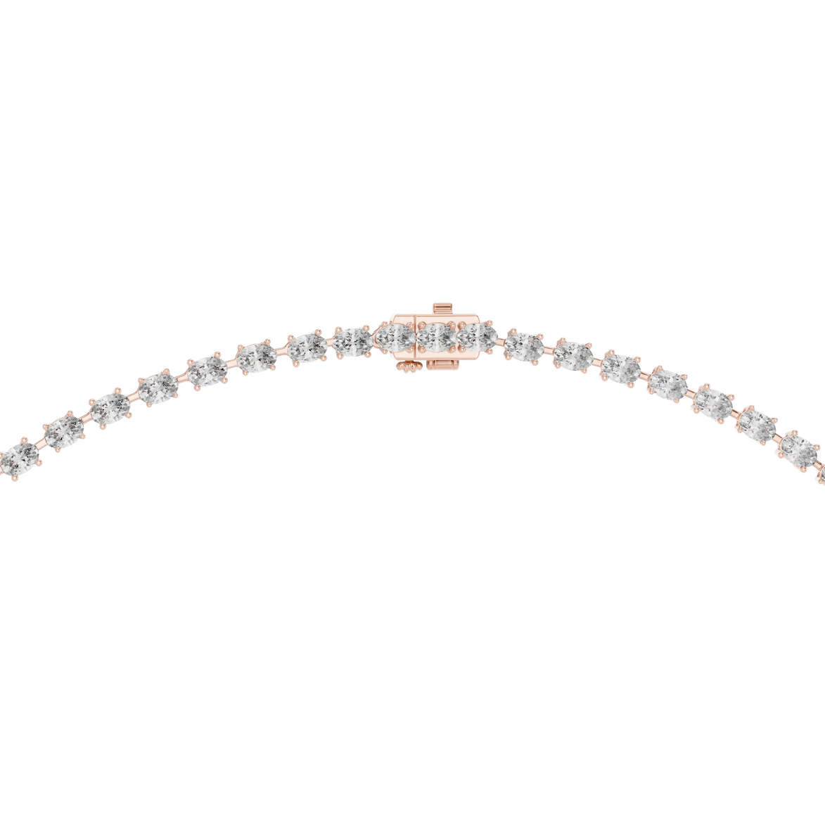 Diamond necklace with rose gold clasp on a white background