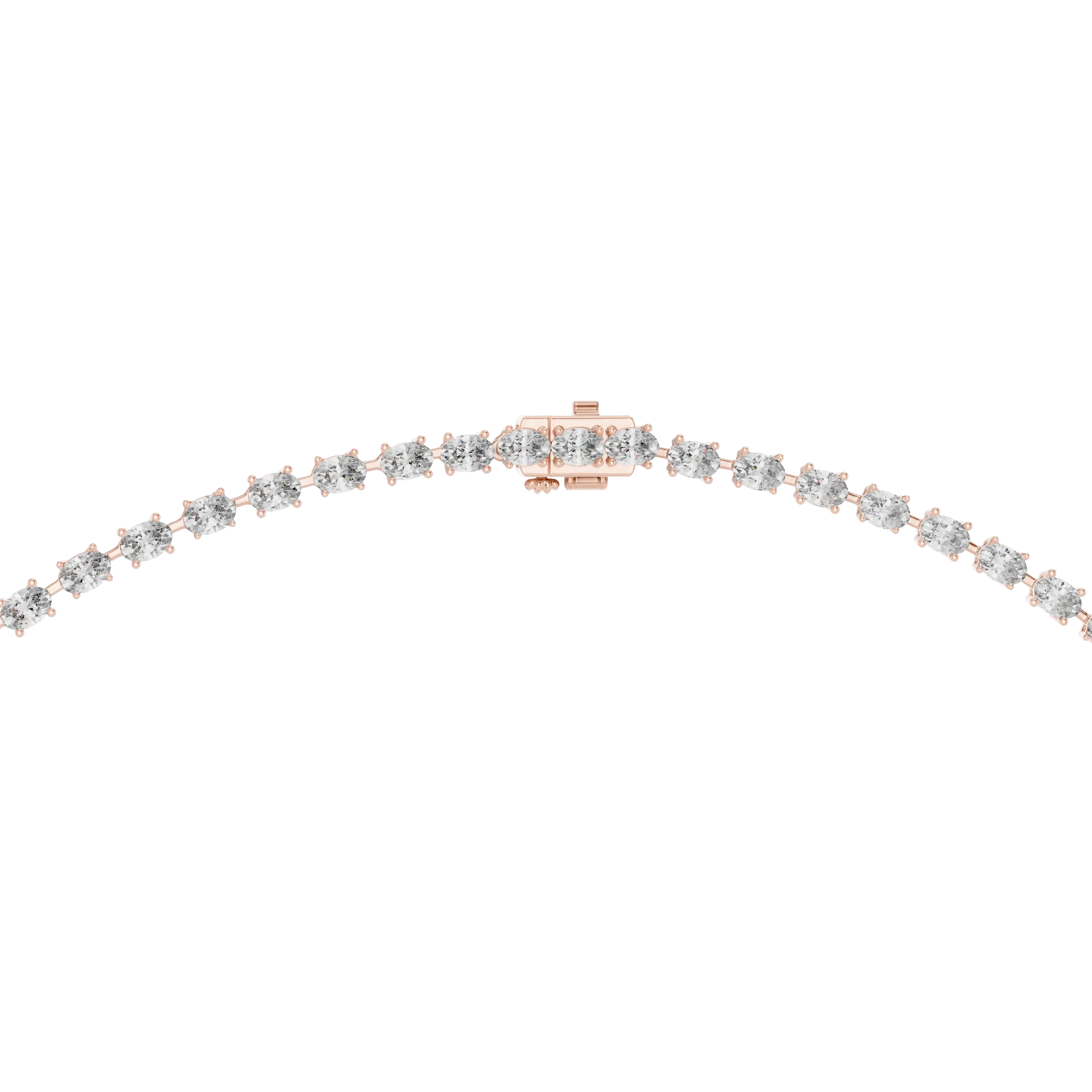 Diamond necklace with rose gold clasp on a white background