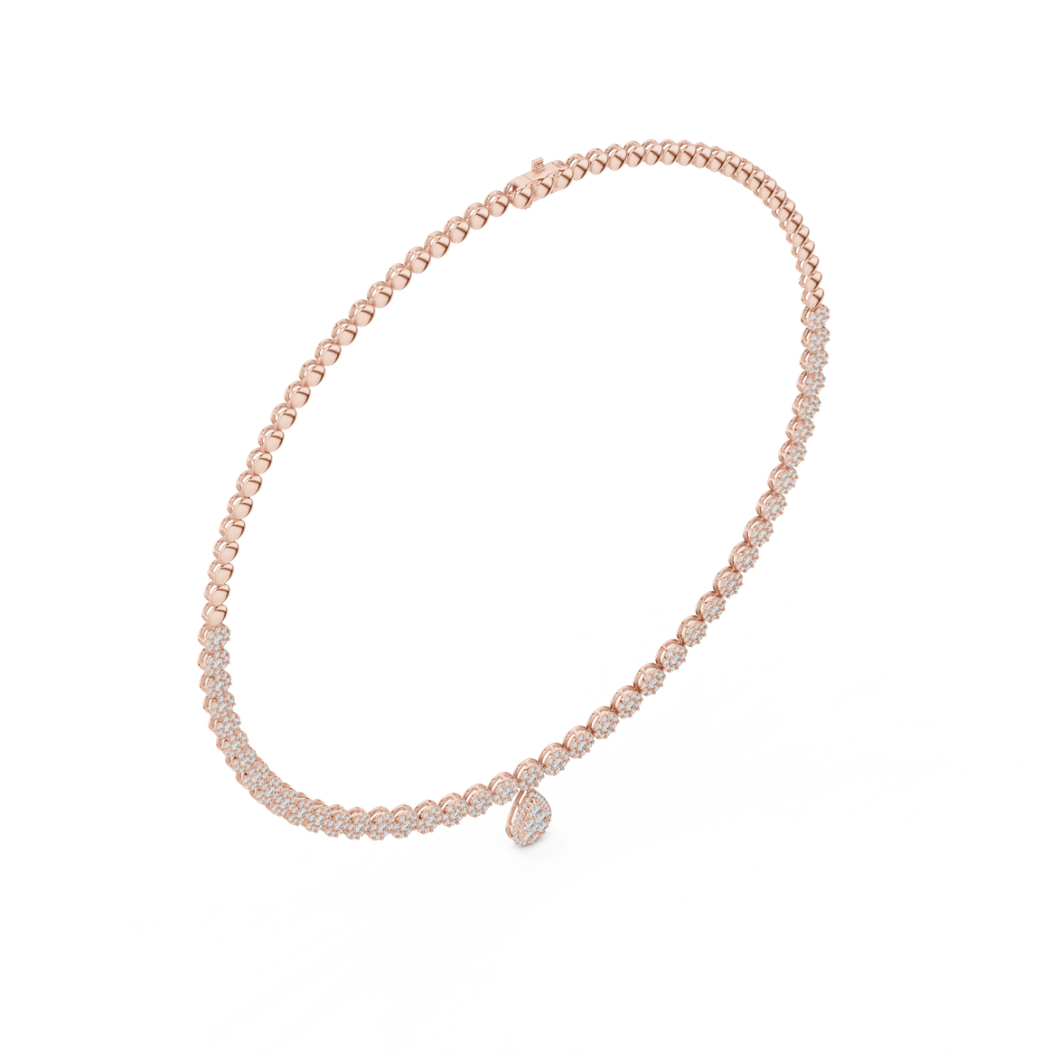 Rose gold necklace with small diamonds on a white background