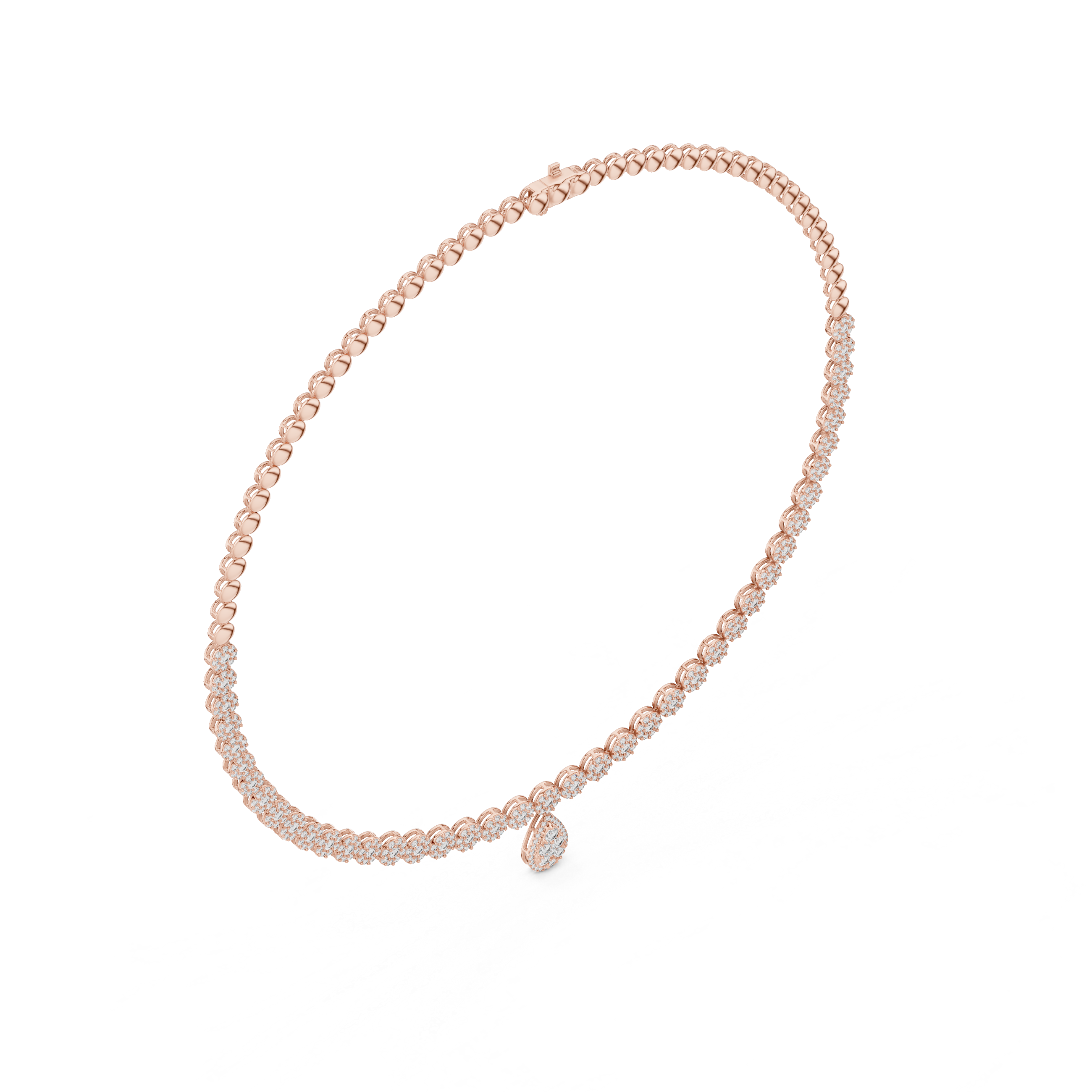 Rose gold necklace with small diamonds on a white background