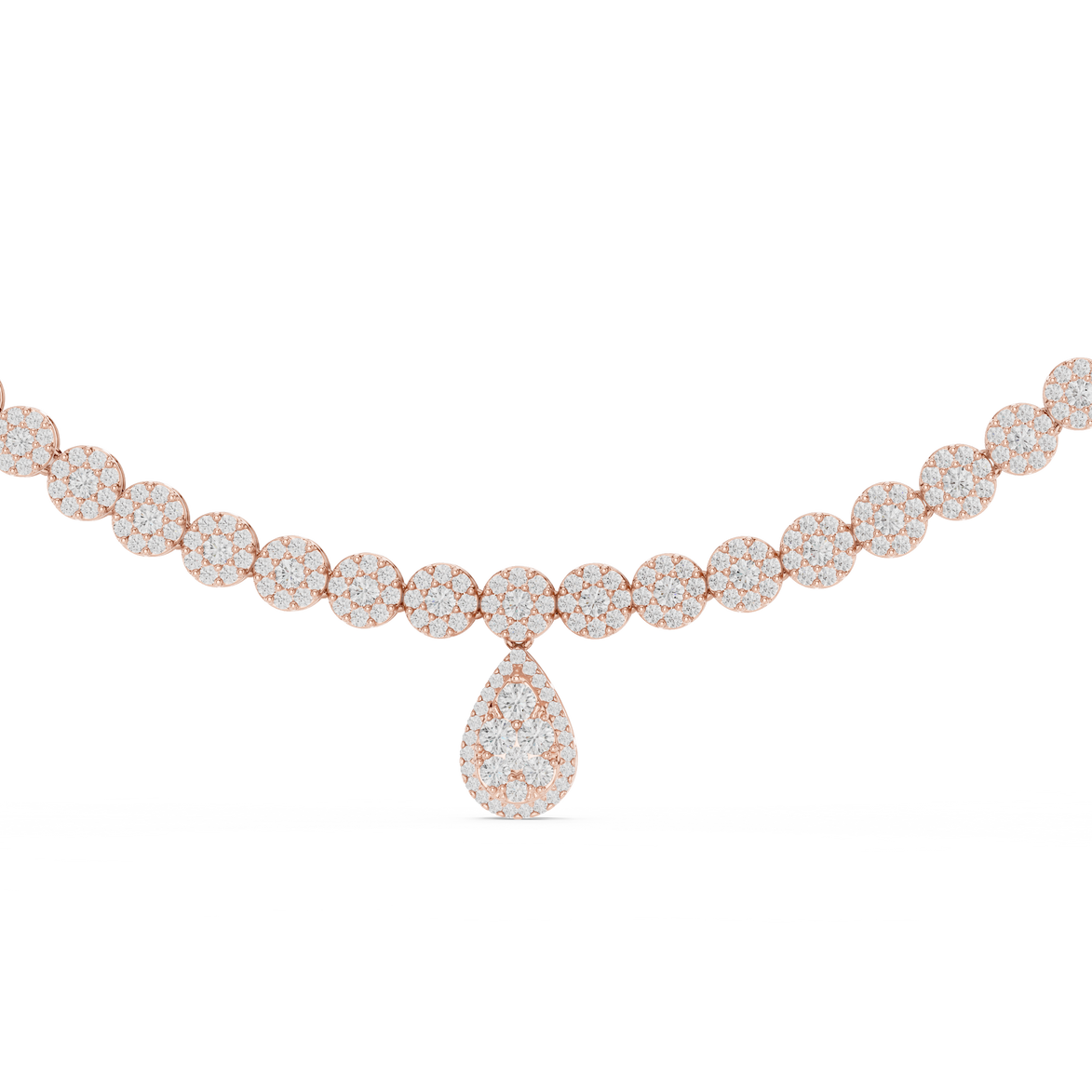 Rose gold necklace with diamond teardrop pendant on a white background