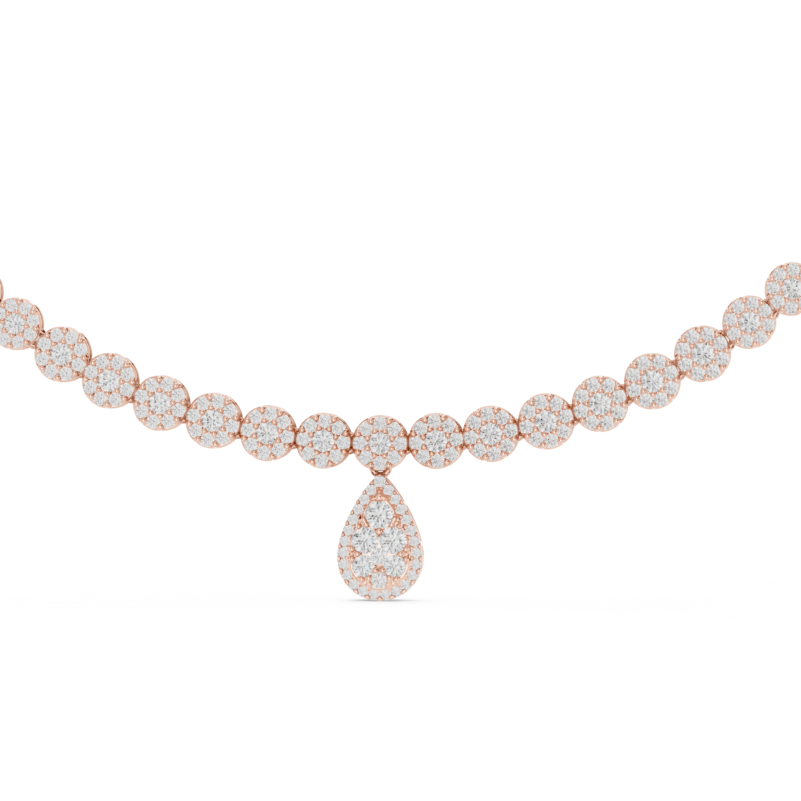 Rose gold necklace with diamond teardrop pendant on a white background