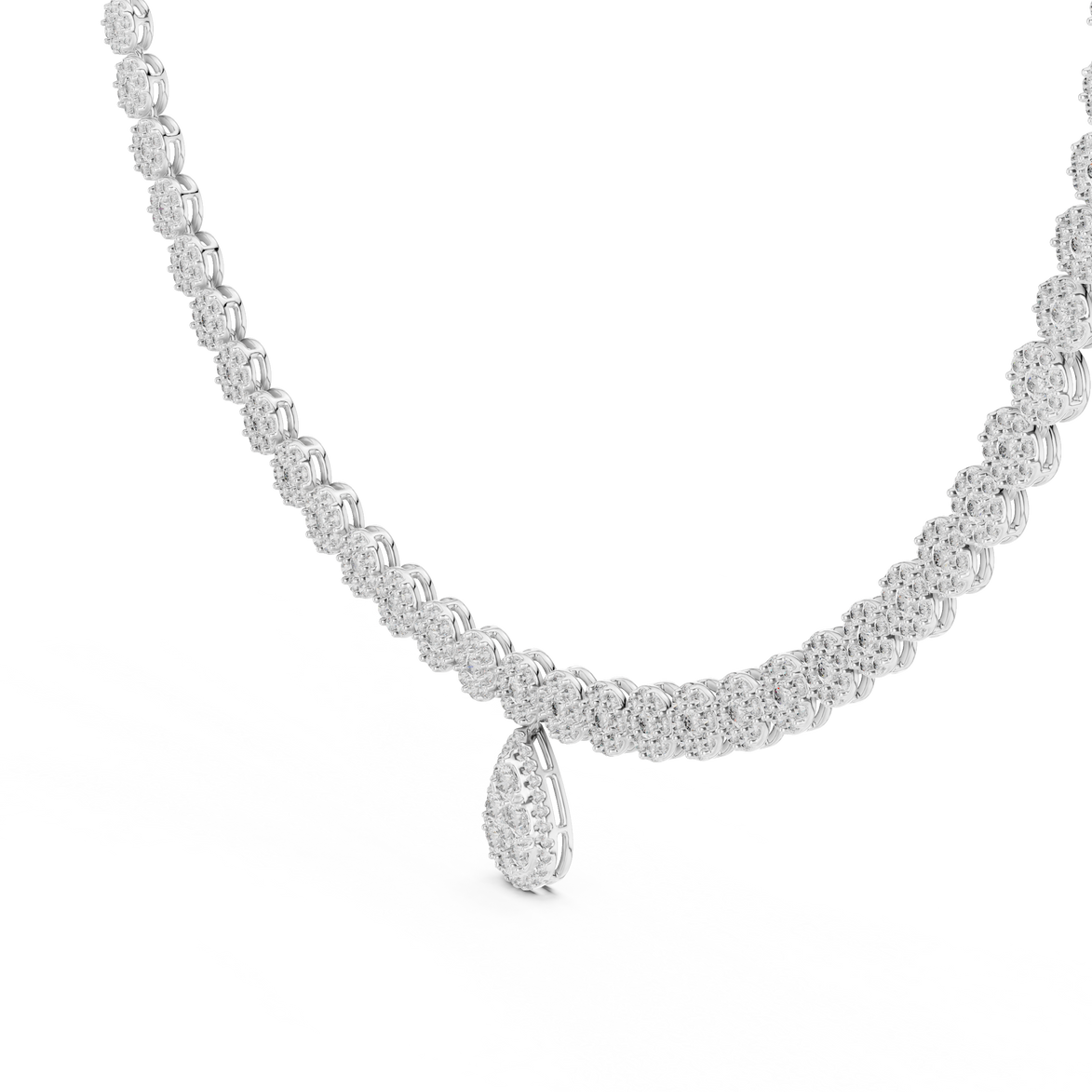 Silver necklace with a teardrop pendant on a white background