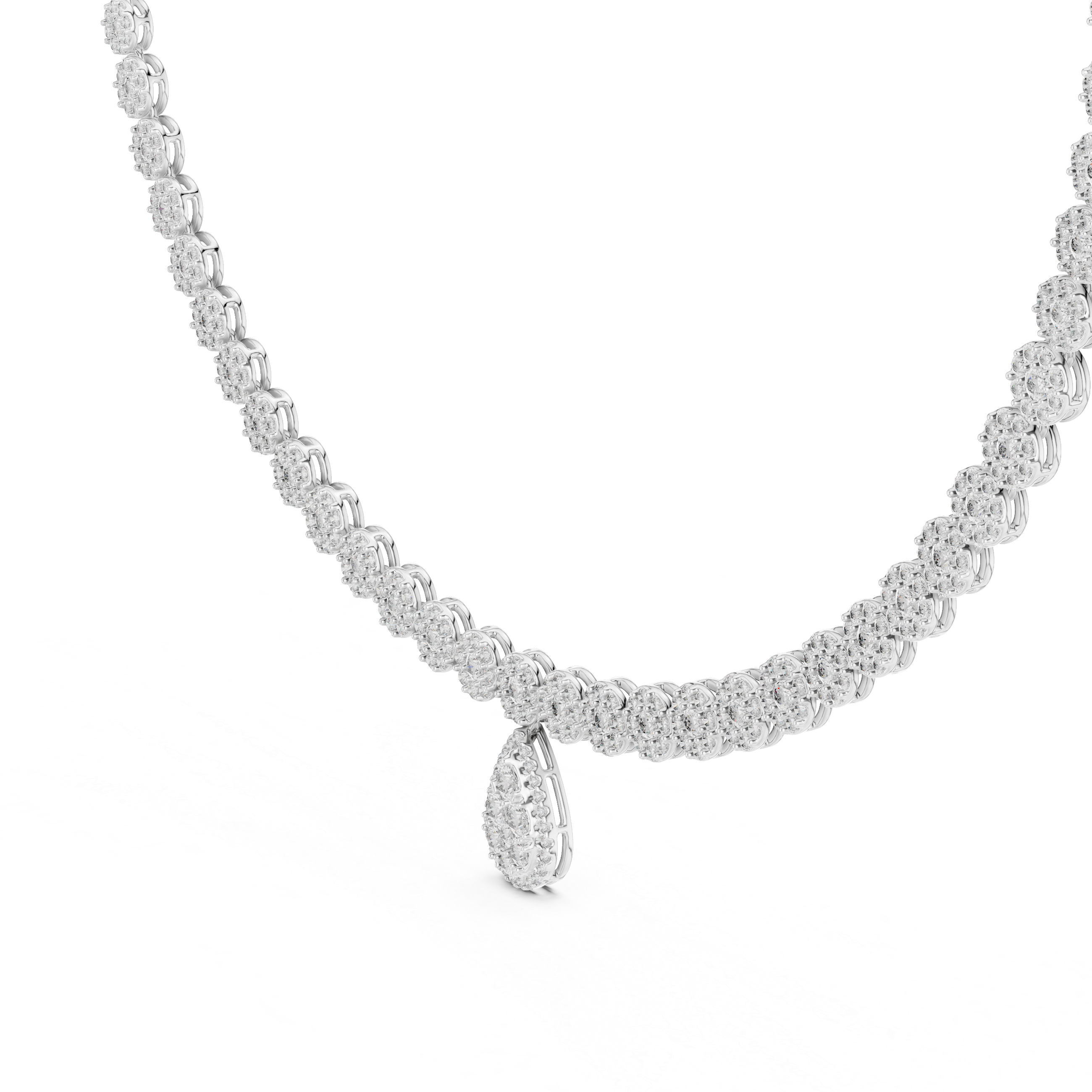 Silver necklace with a teardrop pendant on a white background
