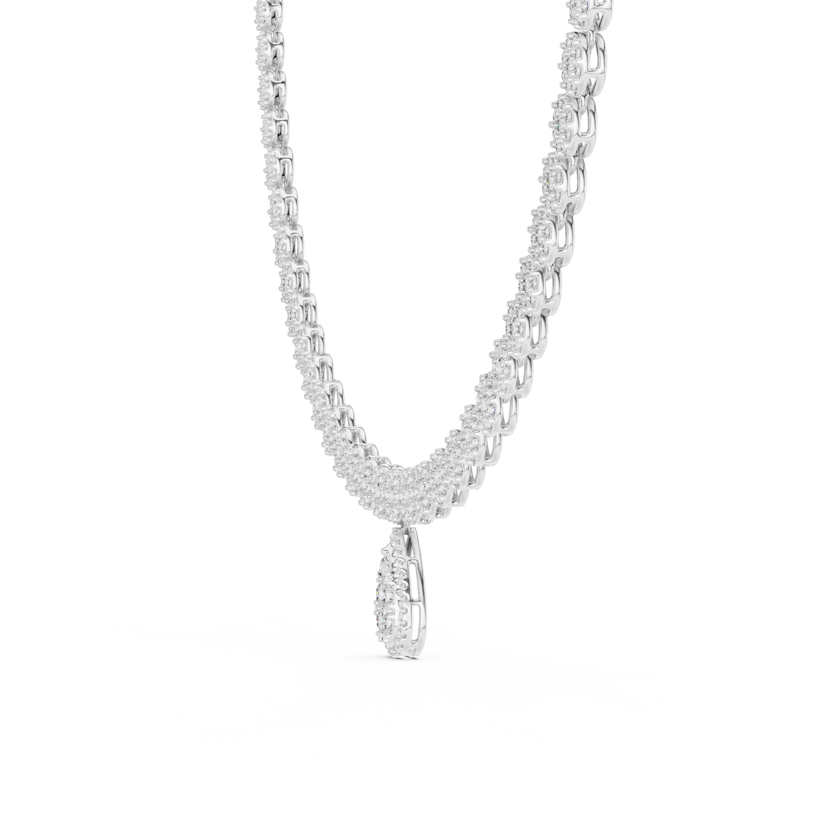 Silver necklace with a teardrop pendant on a white background