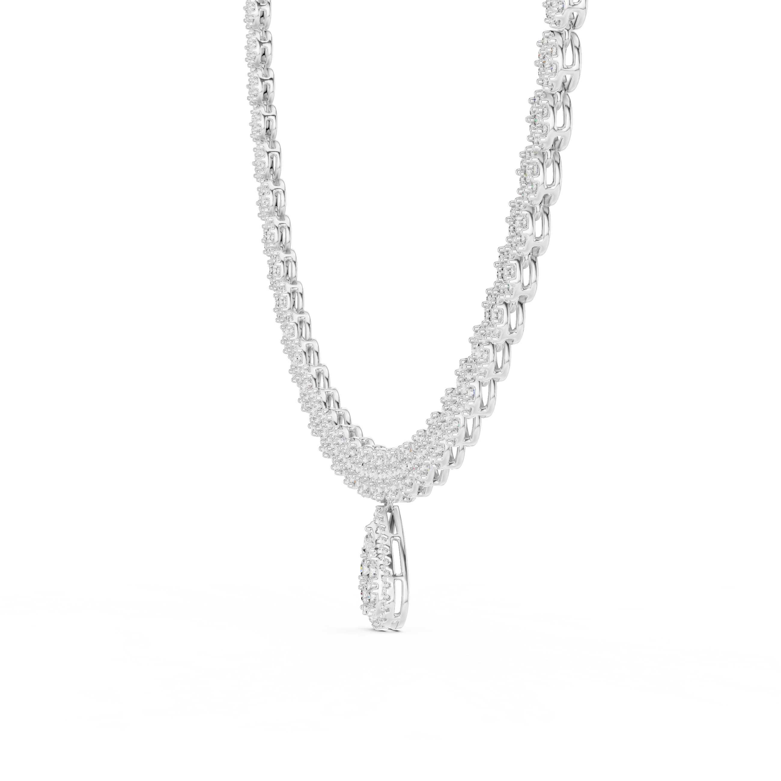 Silver necklace with a teardrop pendant on a white background