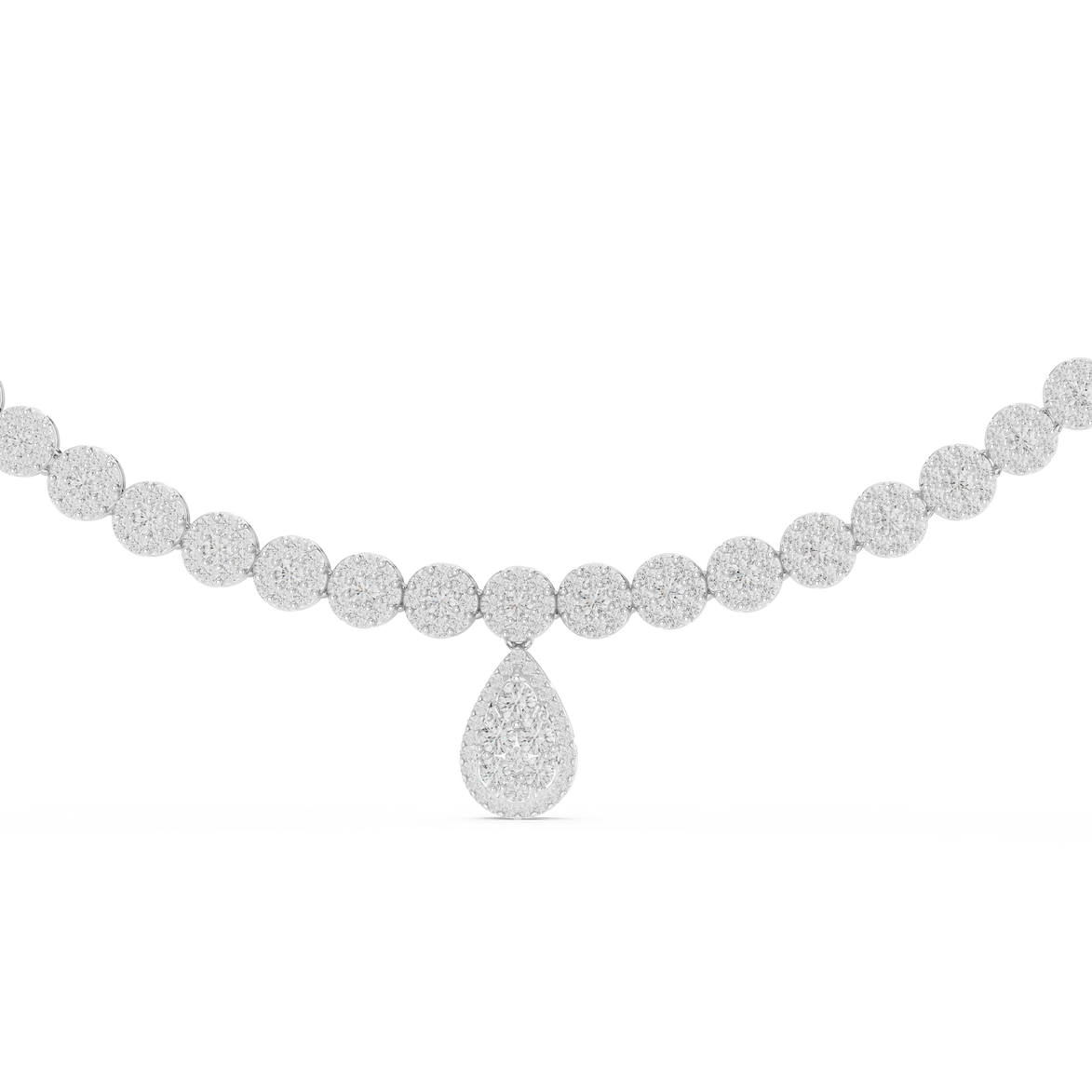 Silver necklace with a teardrop pendant on a white background