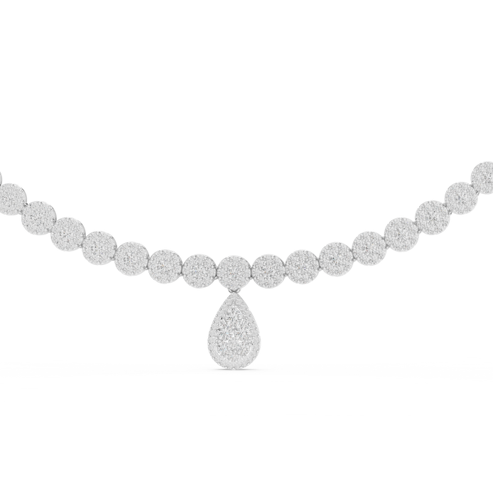 Silver necklace with a teardrop pendant on a white background