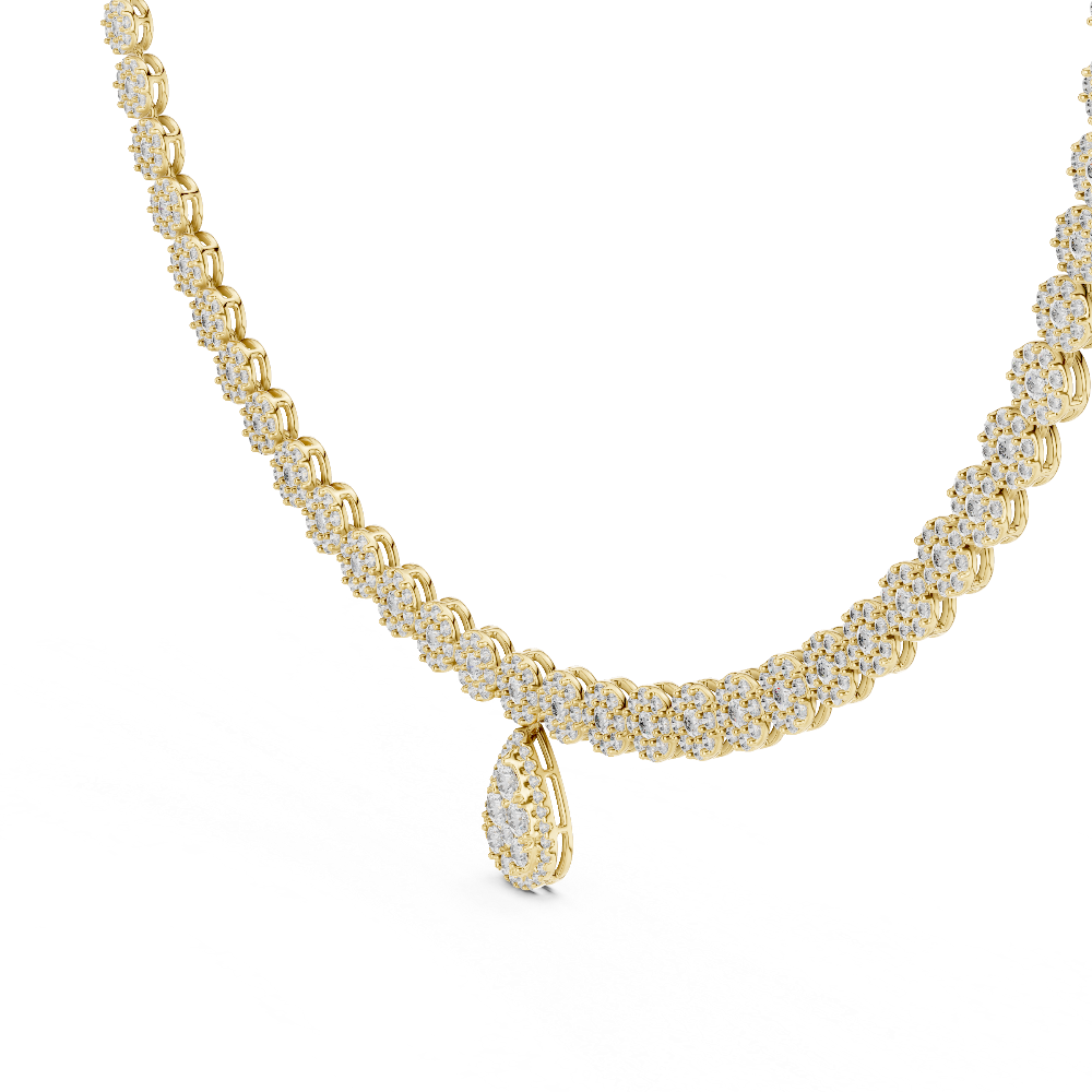 Rose gold necklace with diamond accents on a white background