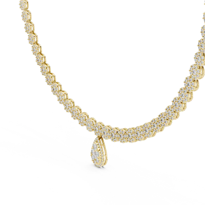 Rose gold necklace with diamond accents on a white background