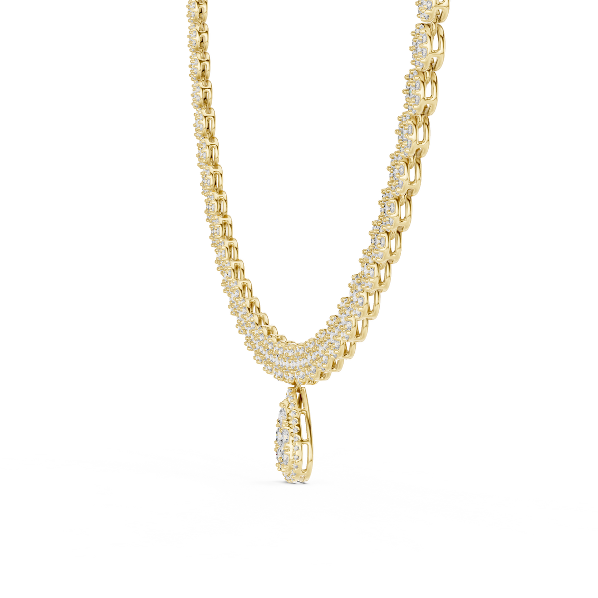 Silver necklace with a teardrop pendant on a white background