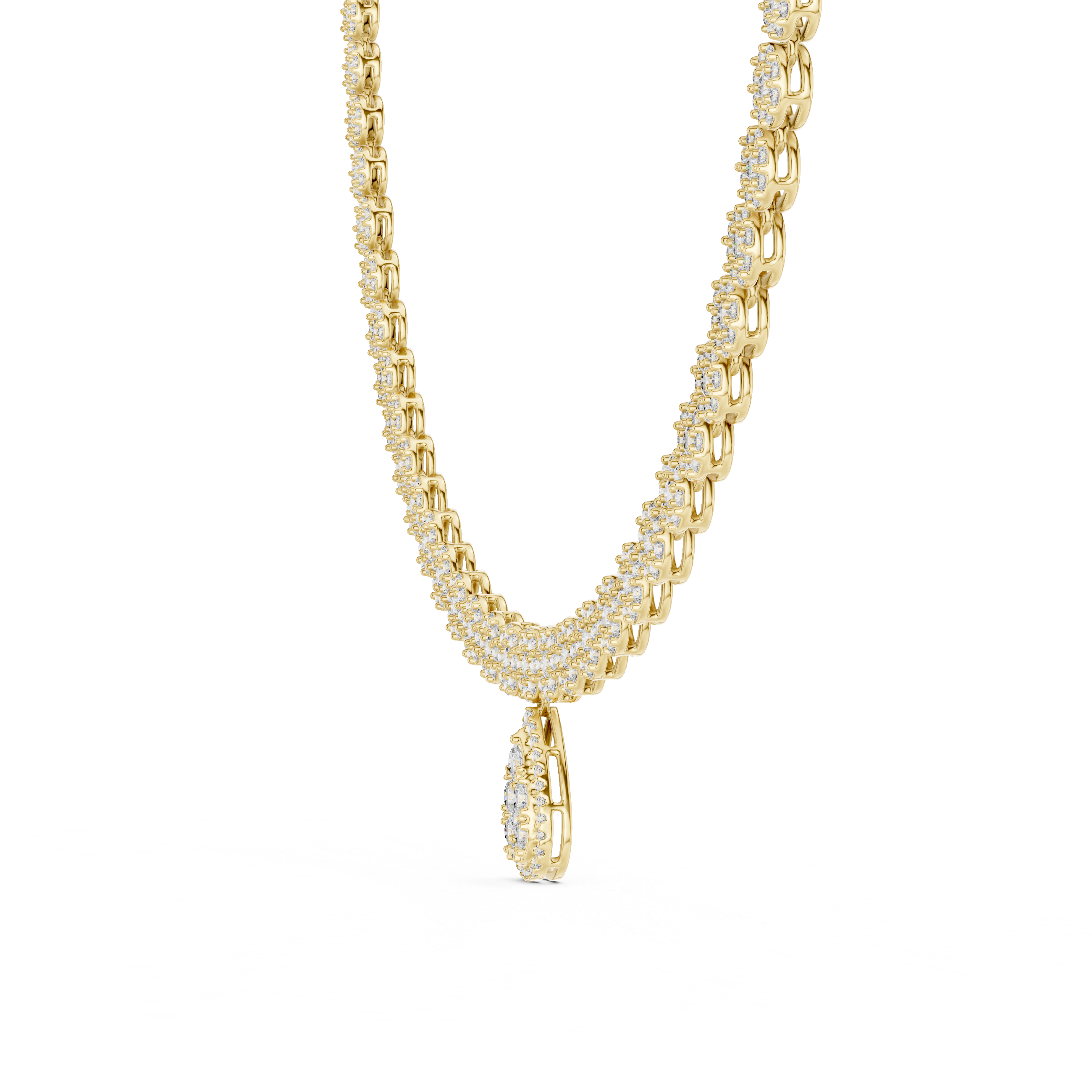 Silver necklace with a teardrop pendant on a white background