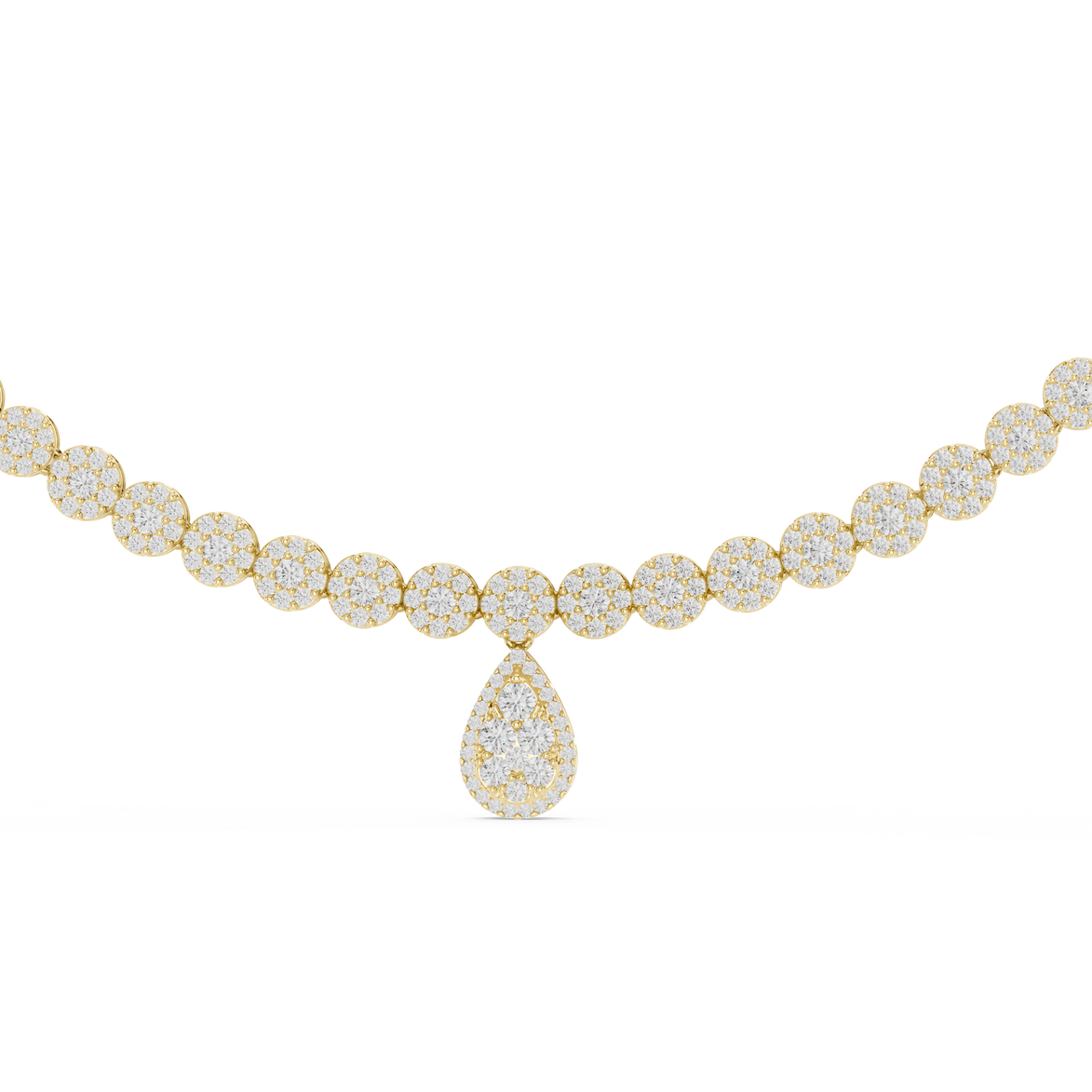 Gold necklace with a teardrop-shaped pendant on a white background