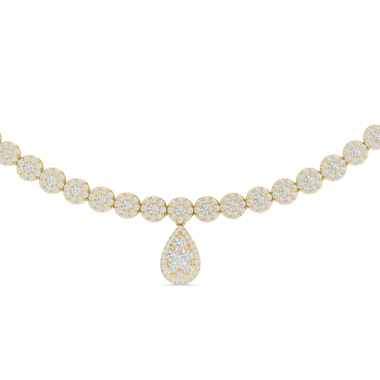 Gold necklace with a teardrop-shaped pendant on a white background