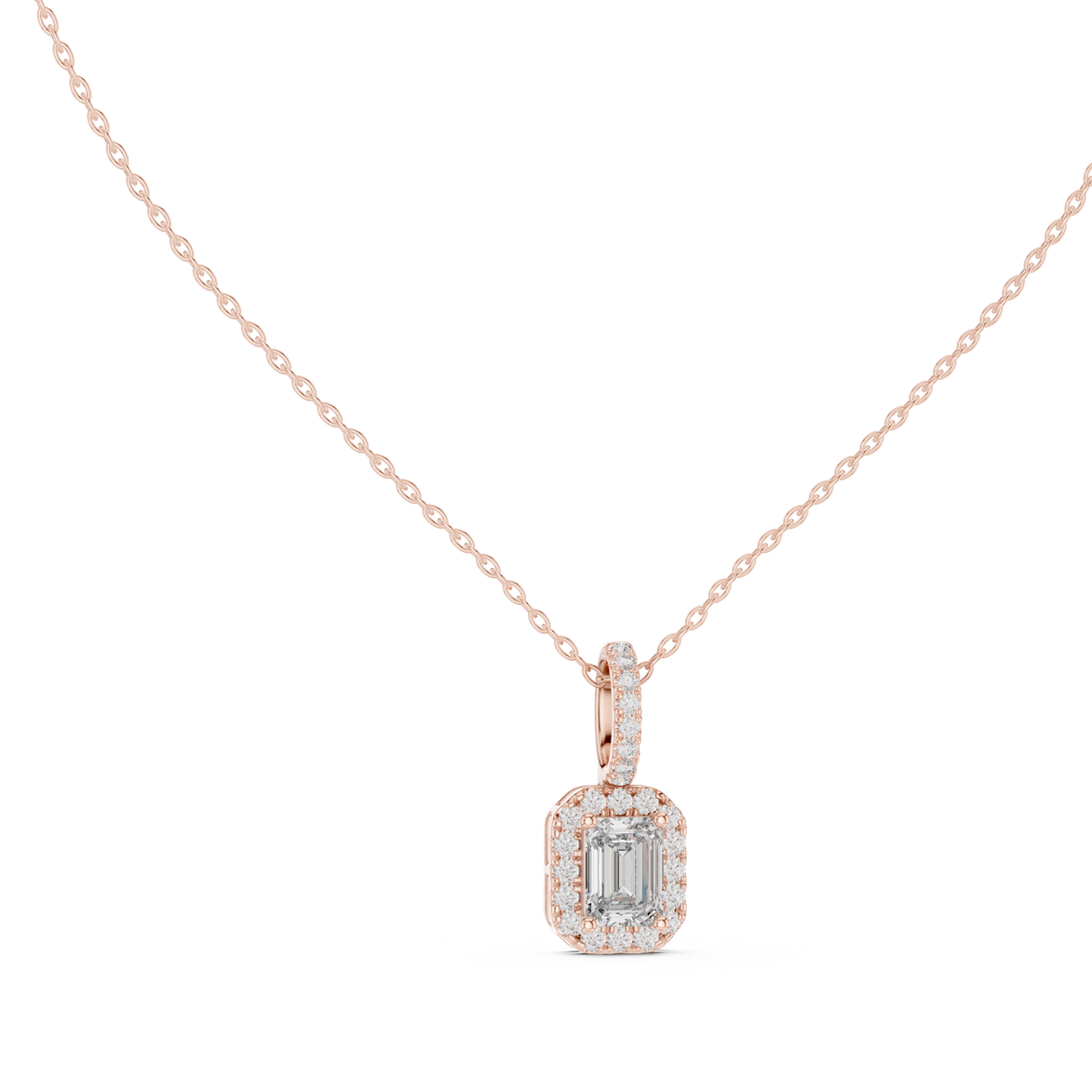 Emerald cut halo diamond pendant in gold with lab grown diamonds by Signora Jewels