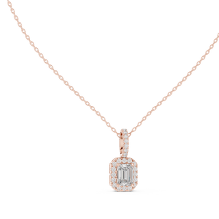 emerald cut diamond halo pendant in rose gold
