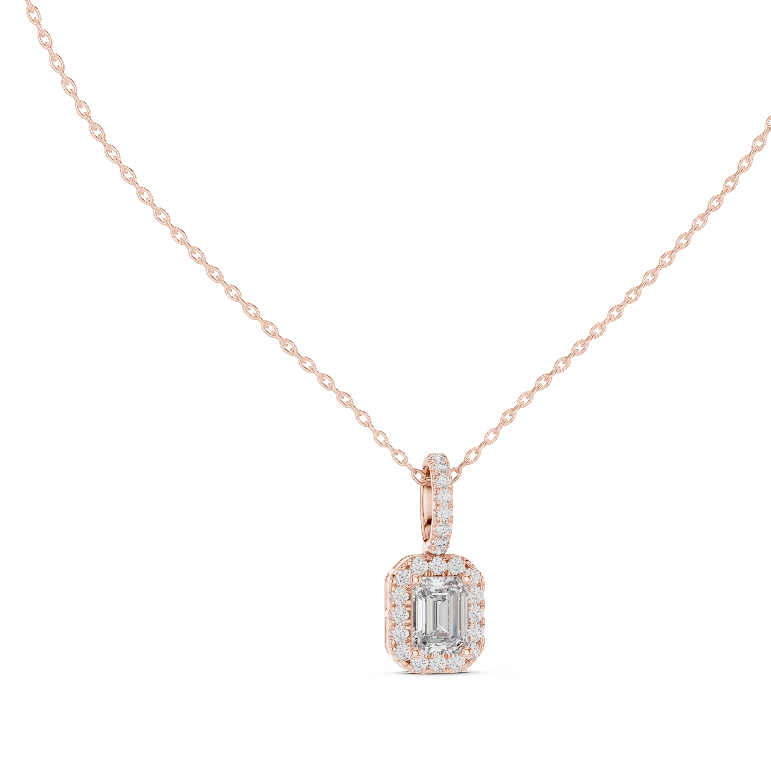 Emerald cut halo diamond pendant in gold with lab grown diamonds by Signora Jewels