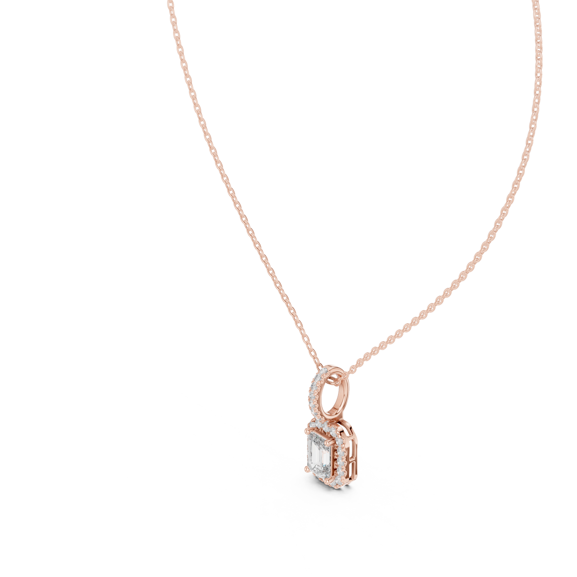 Emerald cut halo diamond pendant in gold with lab grown diamonds by Signora Jewels