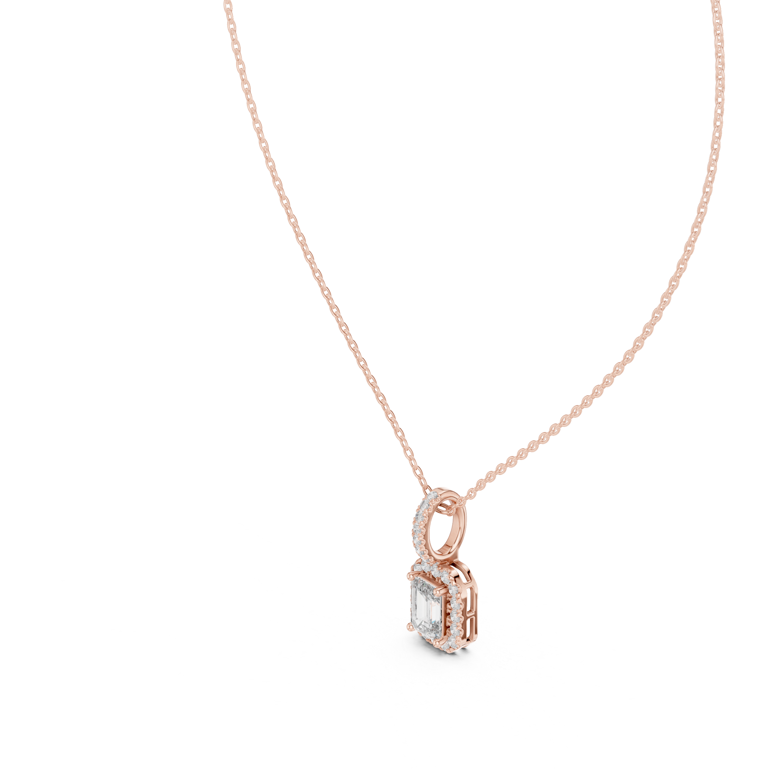 Emerald cut halo diamond pendant in gold with lab grown diamonds by Signora Jewels