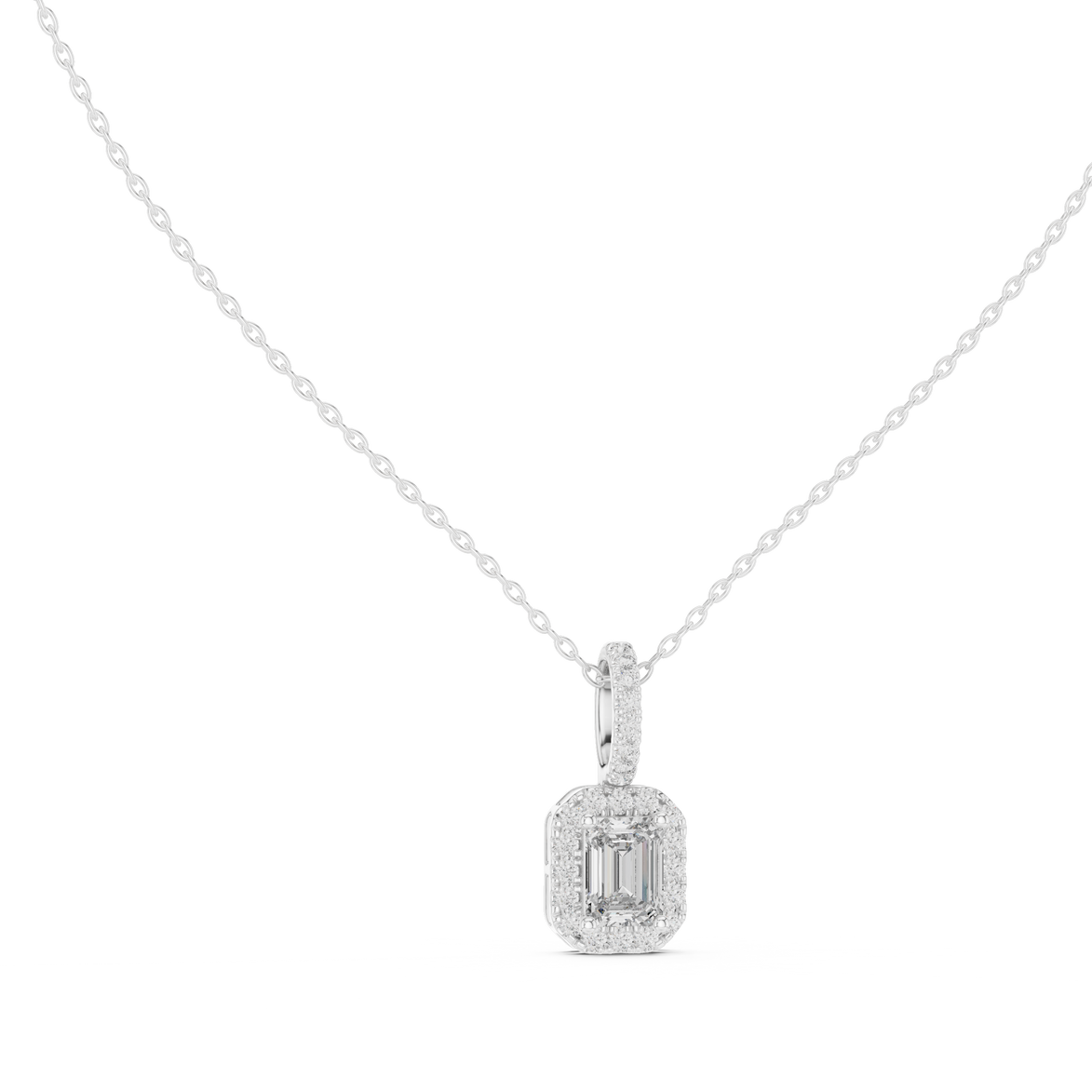 Emerald cut halo diamond pendant in gold with lab grown diamonds by Signora Jewels
