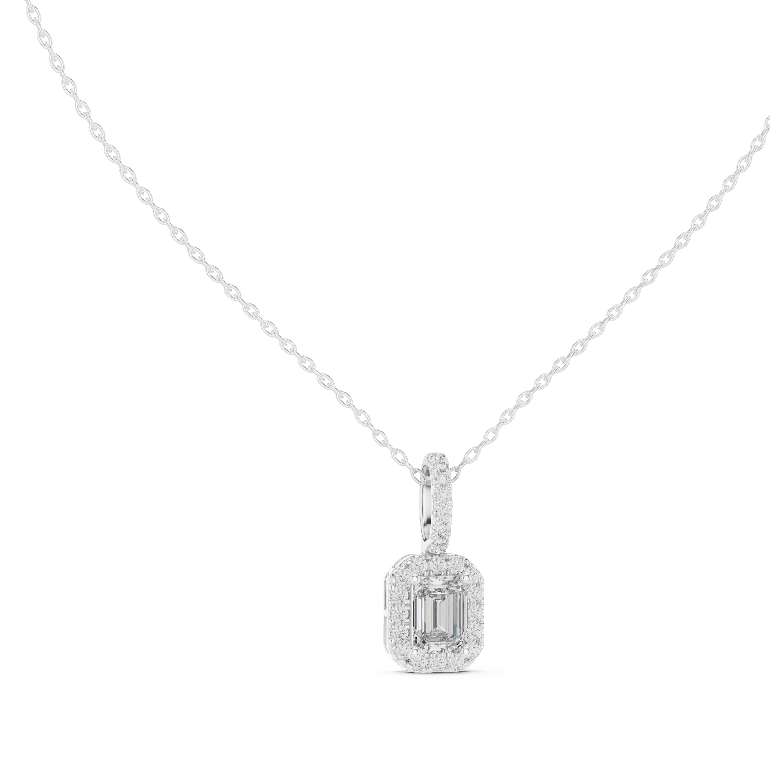 Emerald cut halo diamond pendant in gold with lab grown diamonds by Signora Jewels