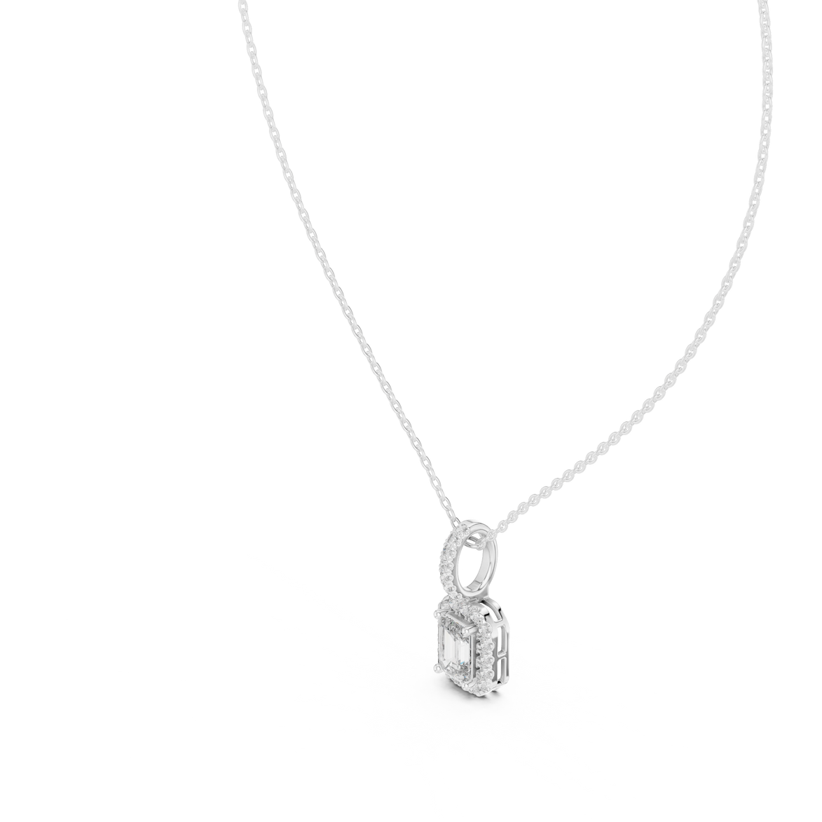 Emerald cut halo diamond pendant in gold with lab grown diamonds by Signora Jewels
