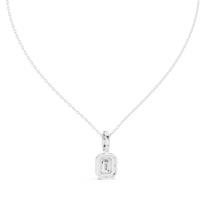 Emerald cut halo diamond pendant in gold with lab grown diamonds by Signora Jewels