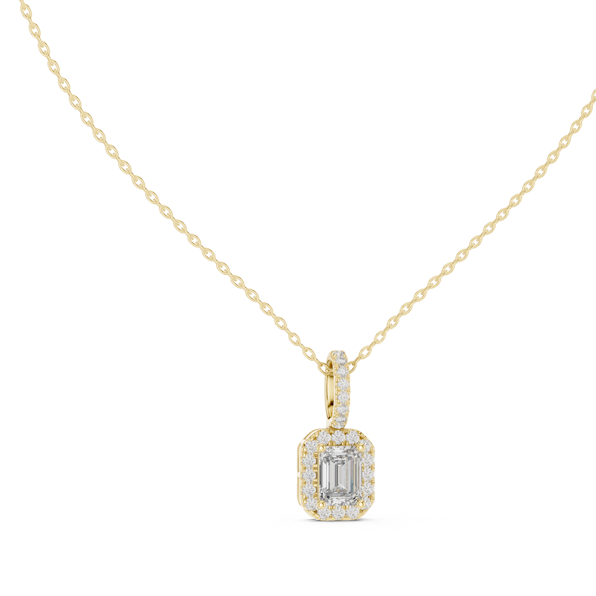 Emerald cut halo diamond pendant in gold with lab grown diamonds by Signora Jewels