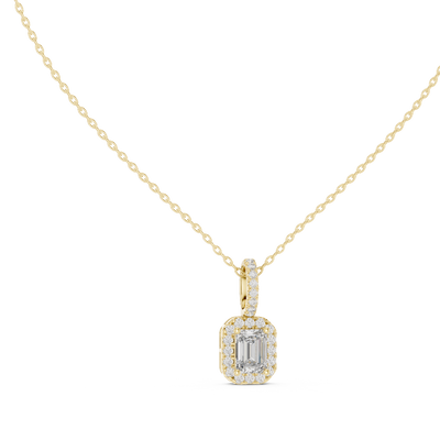 emerald cut diamond halo pendant in yellow gold