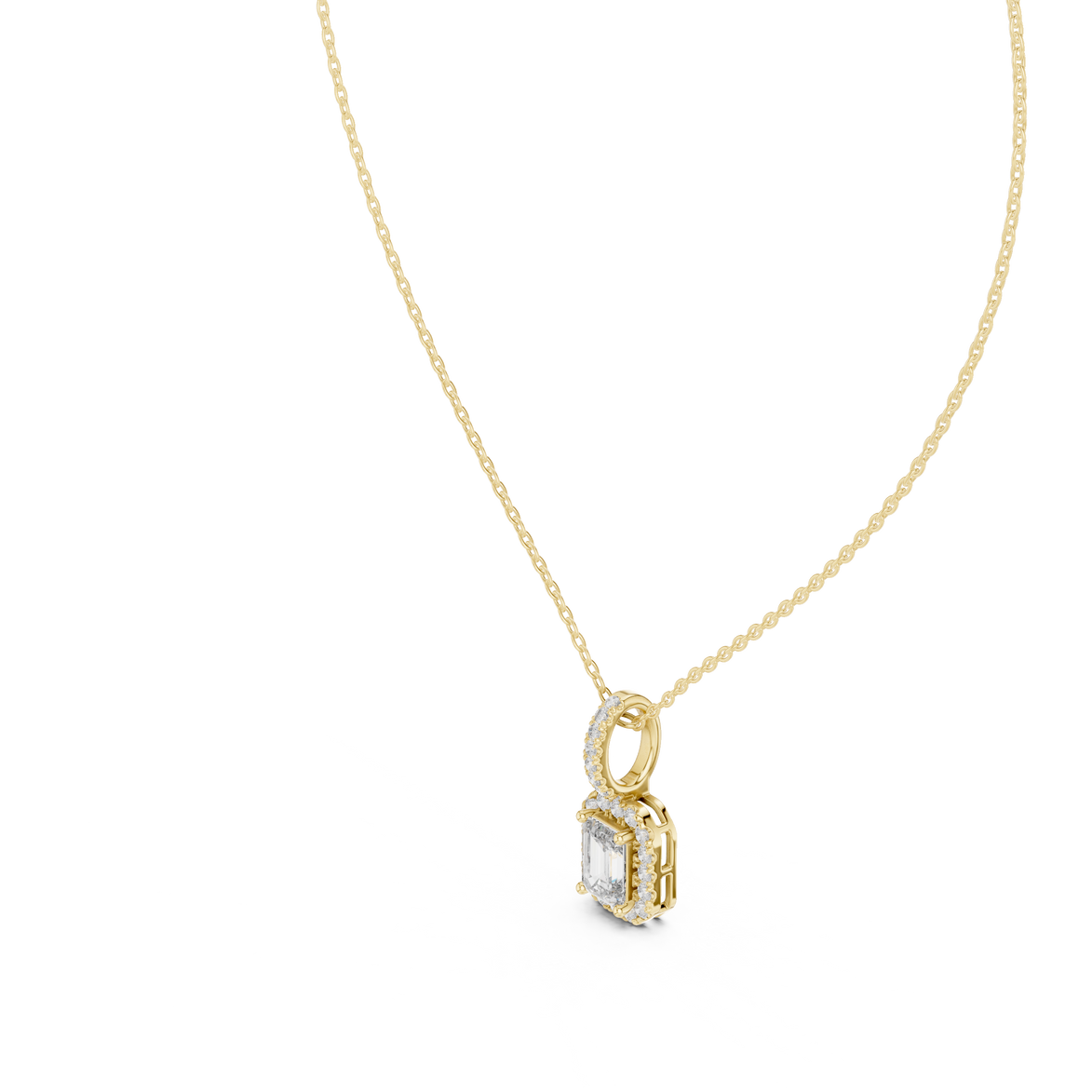 Emerald cut halo diamond pendant in gold with lab grown diamonds by Signora Jewels