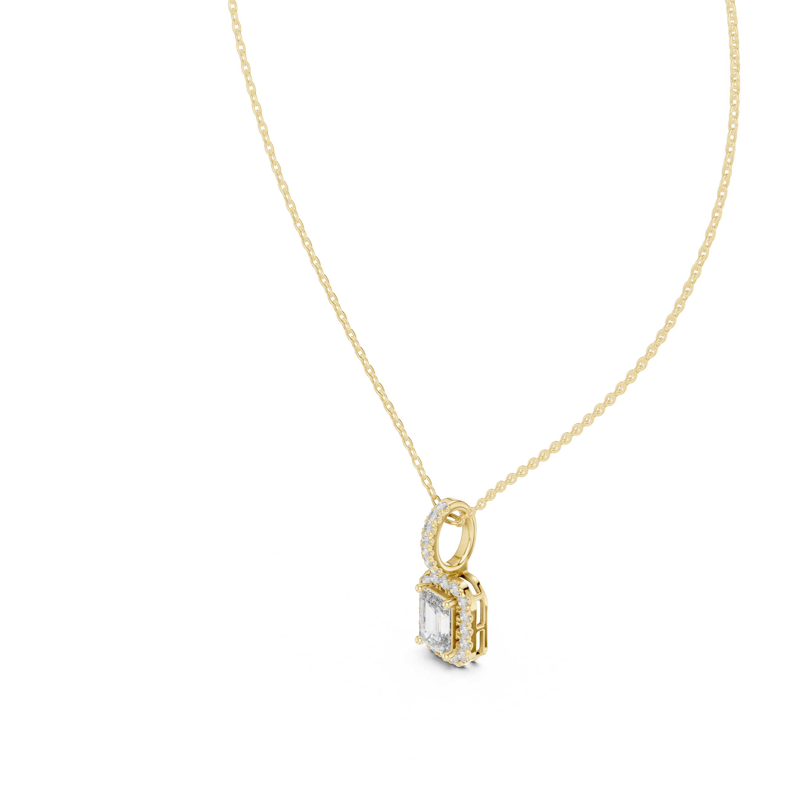 Emerald cut halo diamond pendant in gold with lab grown diamonds by Signora Jewels