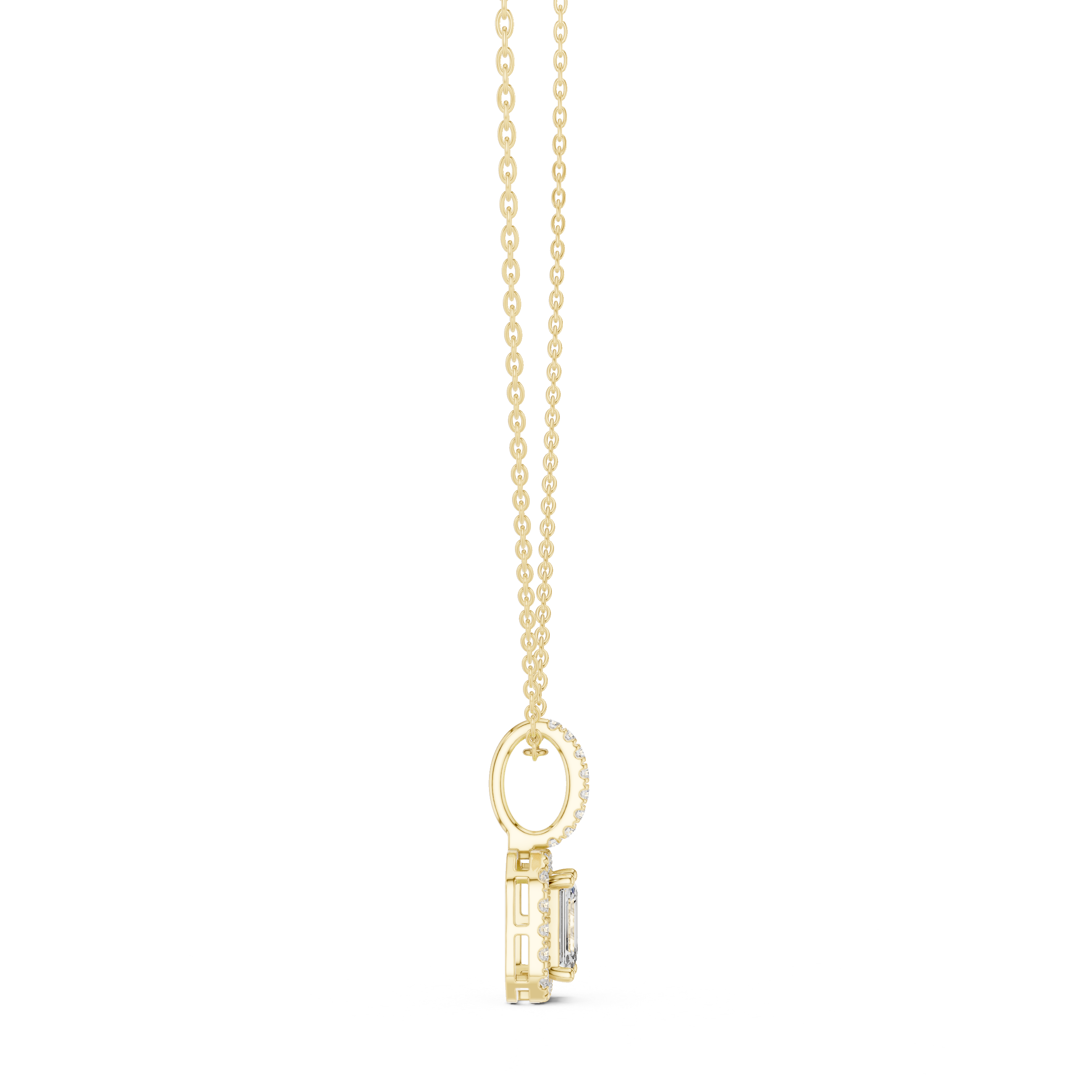 Emerald cut halo diamond pendant in gold with lab grown diamonds by Signora Jewels