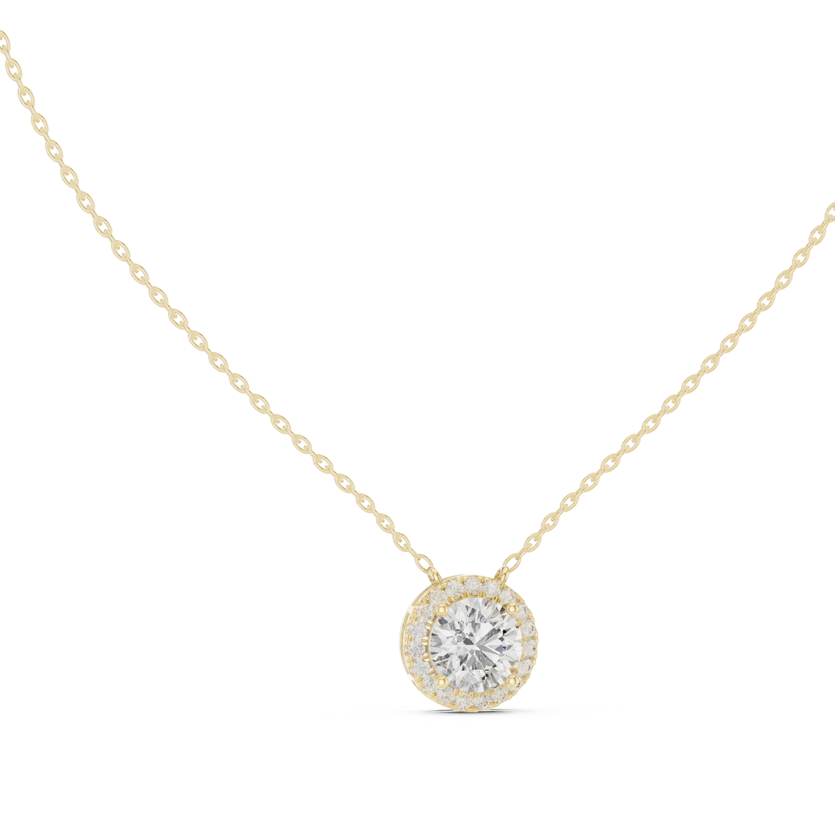 Round halo diamond pendant in gold with lab grown diamonds by Signora Jewels