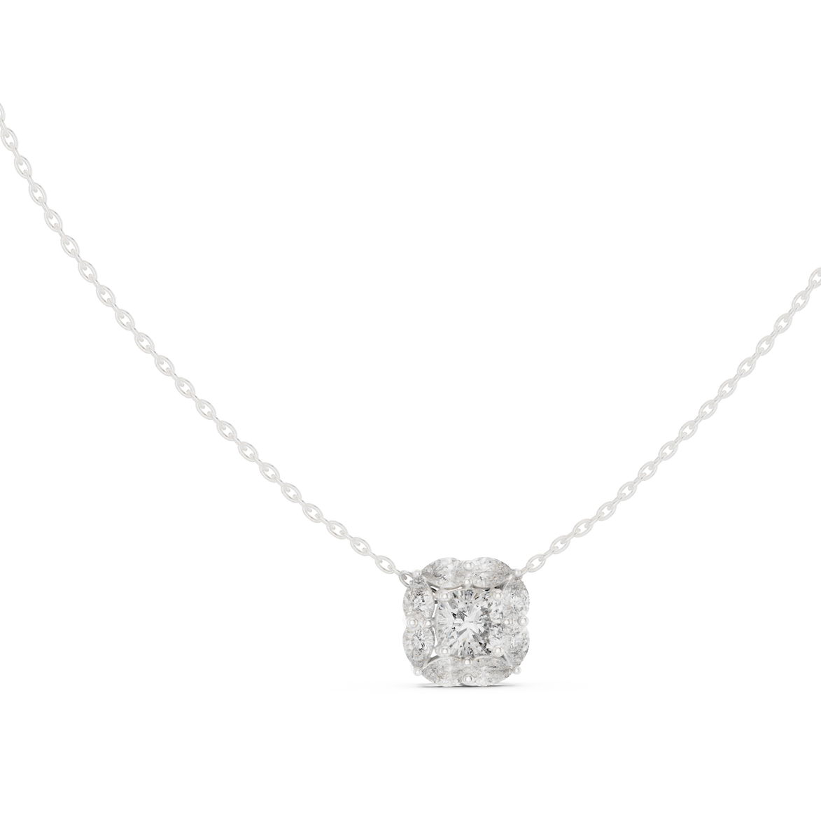 Cushion cut halo diamond pendant in gold with pear cut lab grown diamonds by Signora Jewels