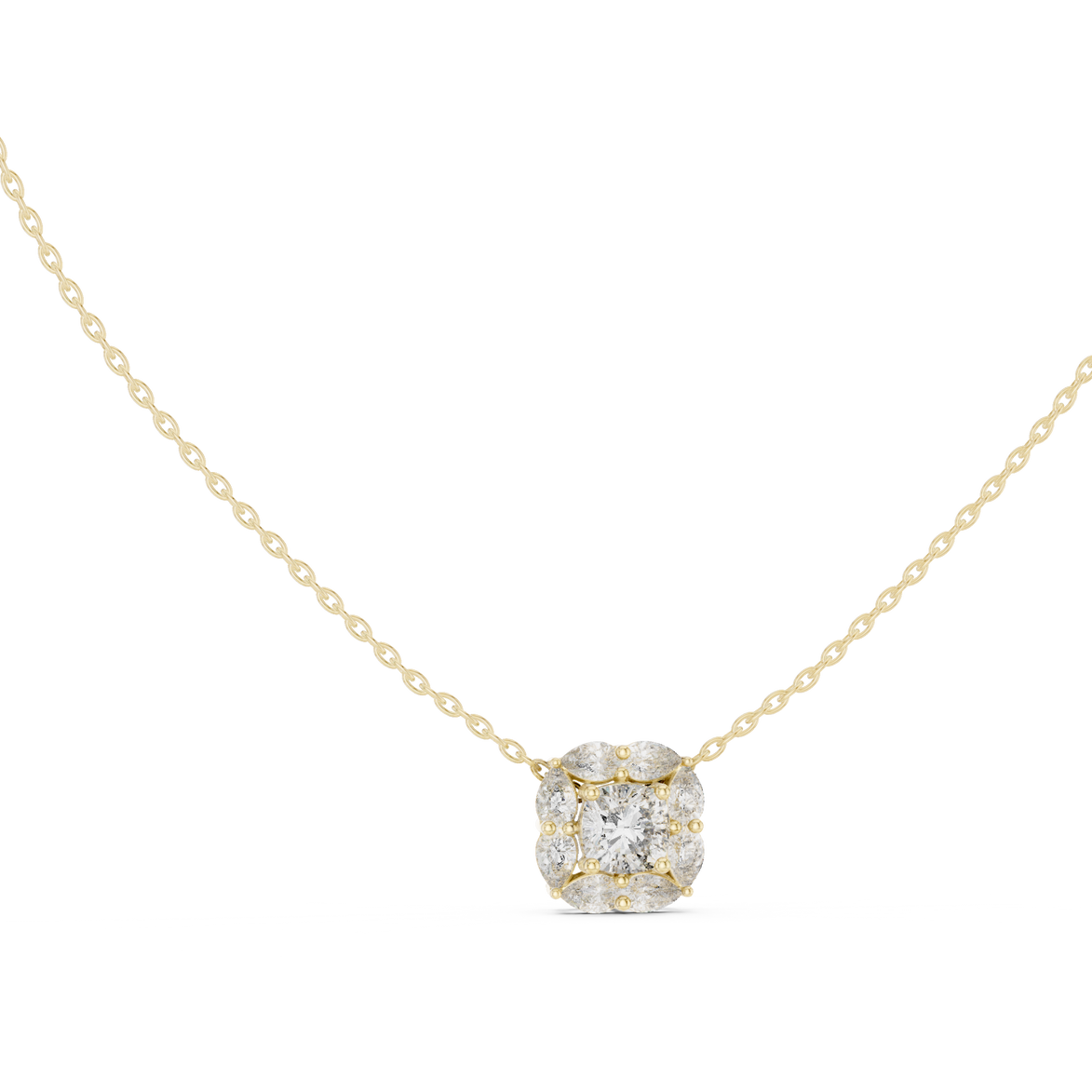 Cushion cut halo diamond pendant in gold with pear cut lab grown diamonds by Signora Jewels
