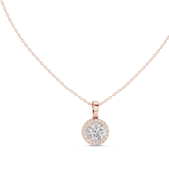 round halo diamond pendant in rose gold