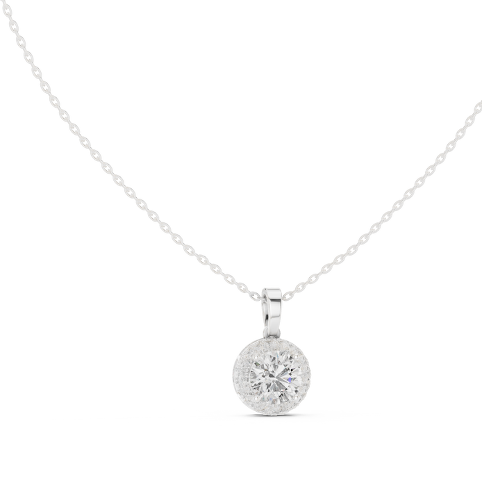 Minimal round halo diamond pendant in gold with lab grown diamonds by Signora Jewels