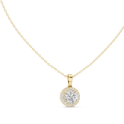 round halo diamond pendant in yellow gold