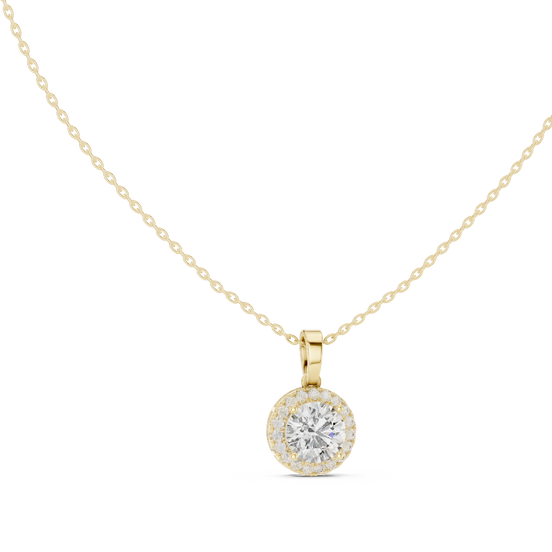 round halo diamond pendant in yellow gold