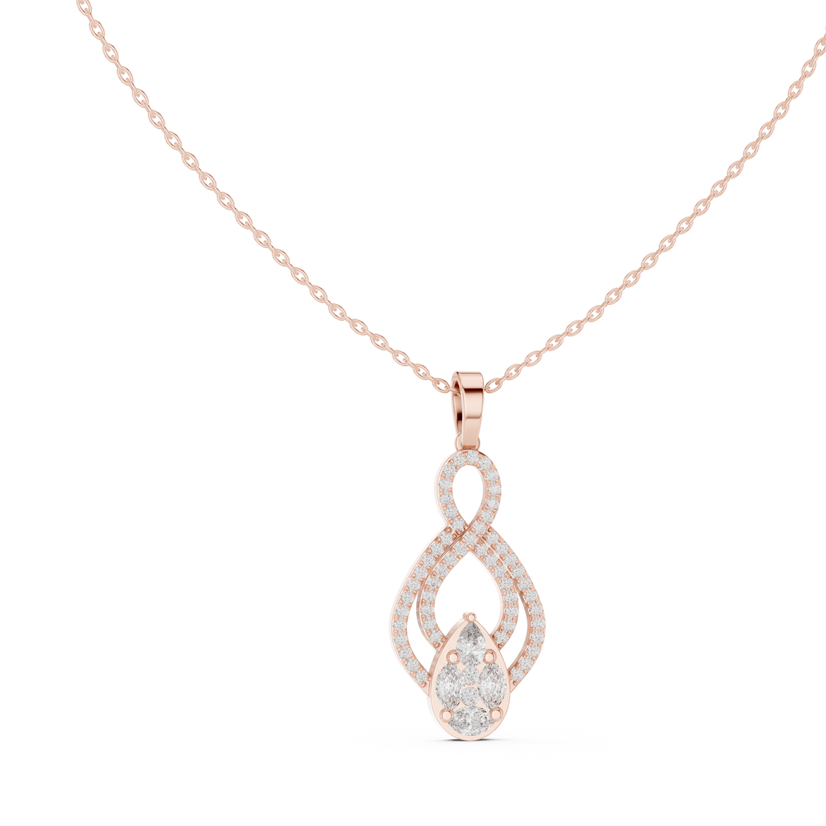 Elegant infinity diamond pendant in gold with pear and marquise lab grown diamonds by Signora Jewels