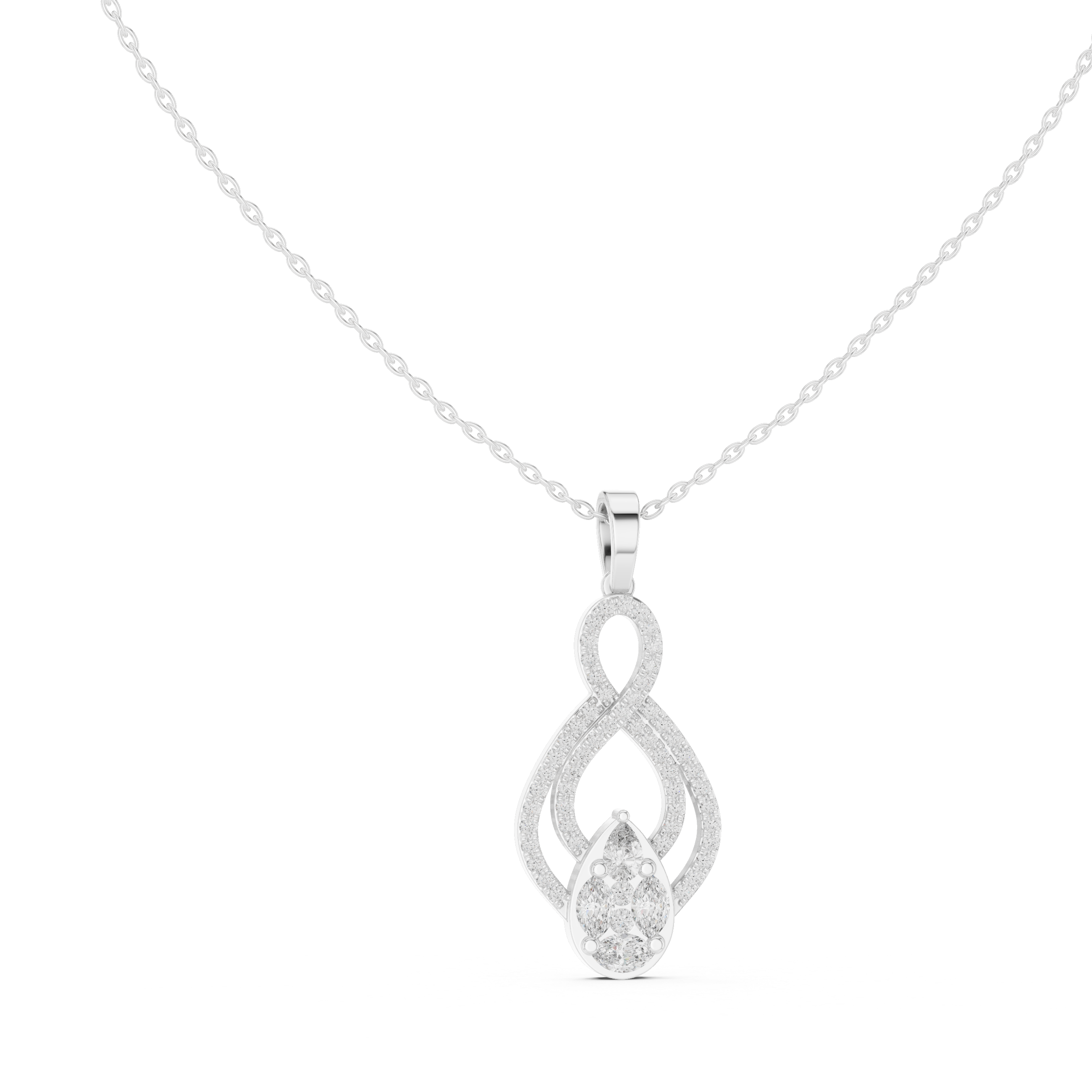 Elegant infinity diamond pendant in gold with pear and marquise lab grown diamonds by Signora Jewels