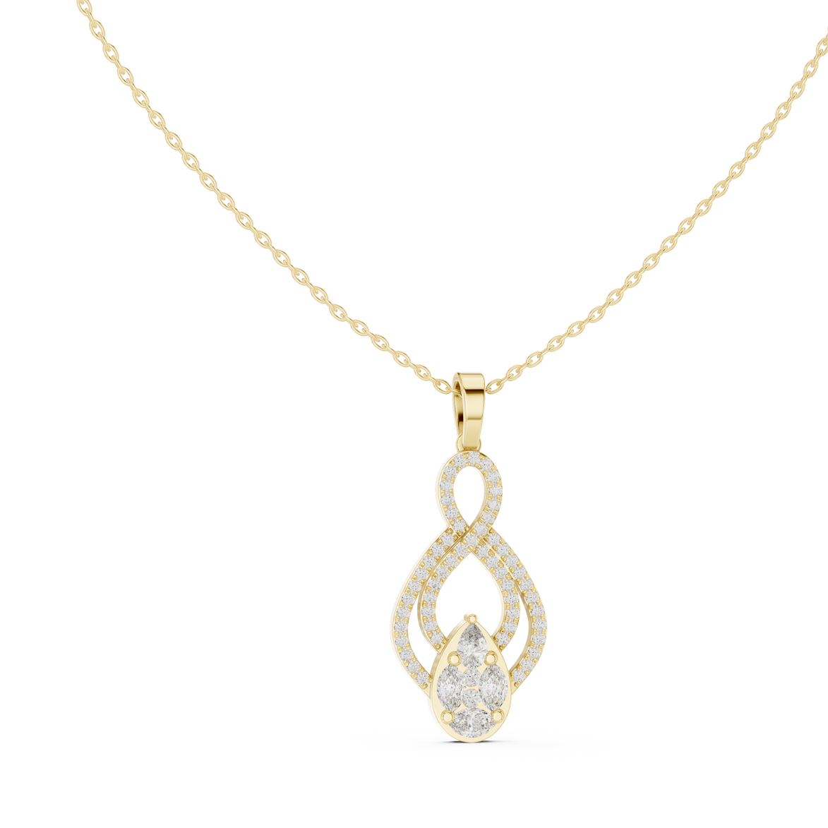 Elegant infinity diamond pendant in gold with pear and marquise lab grown diamonds by Signora Jewels