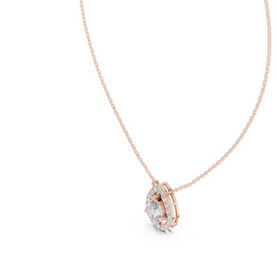 pear halo diamond pendant in rose gold