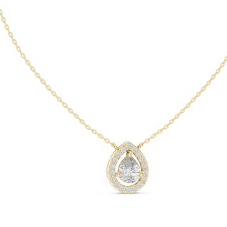 pear halo diamond pendant in yellow gold