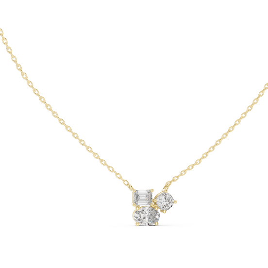 Mixed shape lab grown diamond three stone pendant in yellow gold