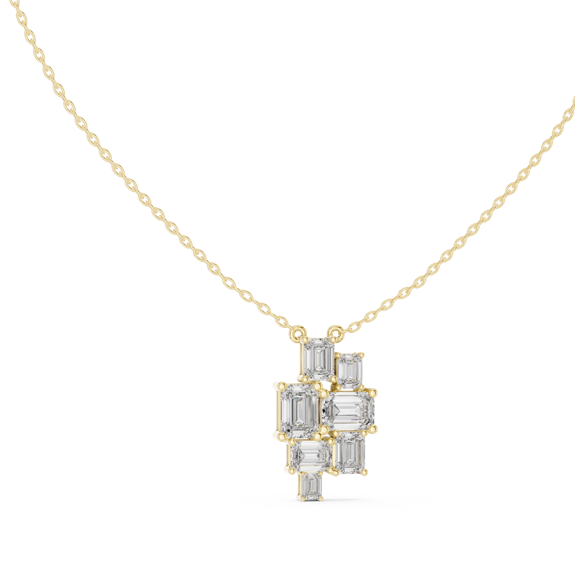 Modern emerald cut diamond cluster pendant in gold with lab grown diamonds by Signora Jewels