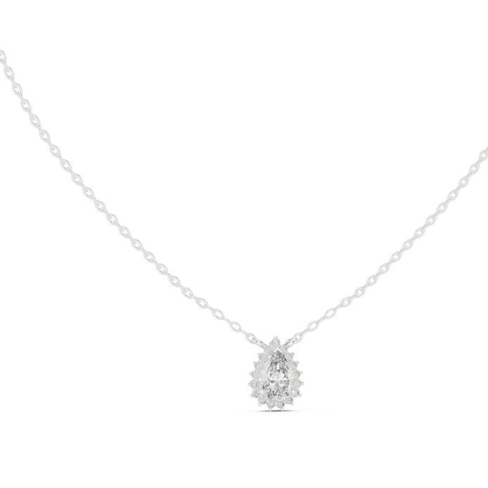 Elegant pear cut halo diamond pendant in gold with lab grown diamonds by Signora Jewels