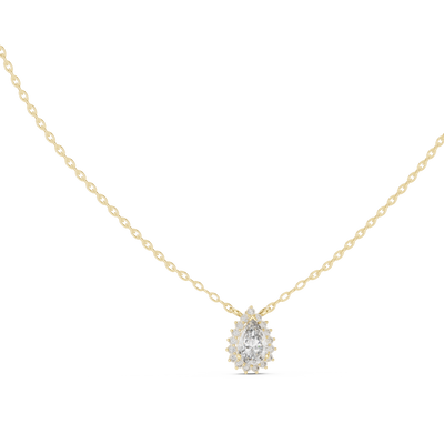 Elegant pear cut halo diamond pendant in gold with lab grown diamonds by Signora Jewels