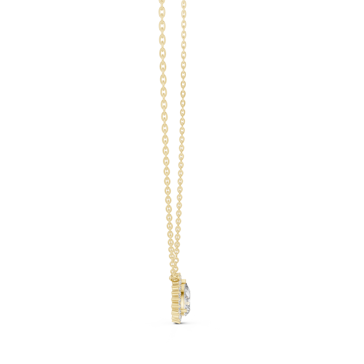 Elegant pear cut halo diamond pendant in gold with lab grown diamonds by Signora Jewels